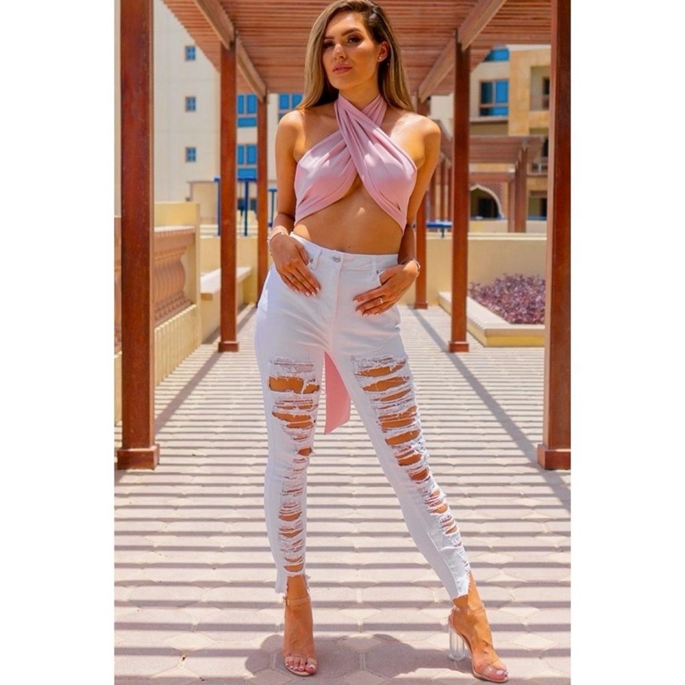 White High Waist Ripped Distressed Skinny Jeans Denim Pants - Picture 2 of 8
